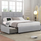 VECELO Full Size Bed Frame with 4 Drawers, Adjustable Tufted Button Headboard, Upholstered Platform with Wood Slats Support, Built-in USB and Type C Ports, Light Gray