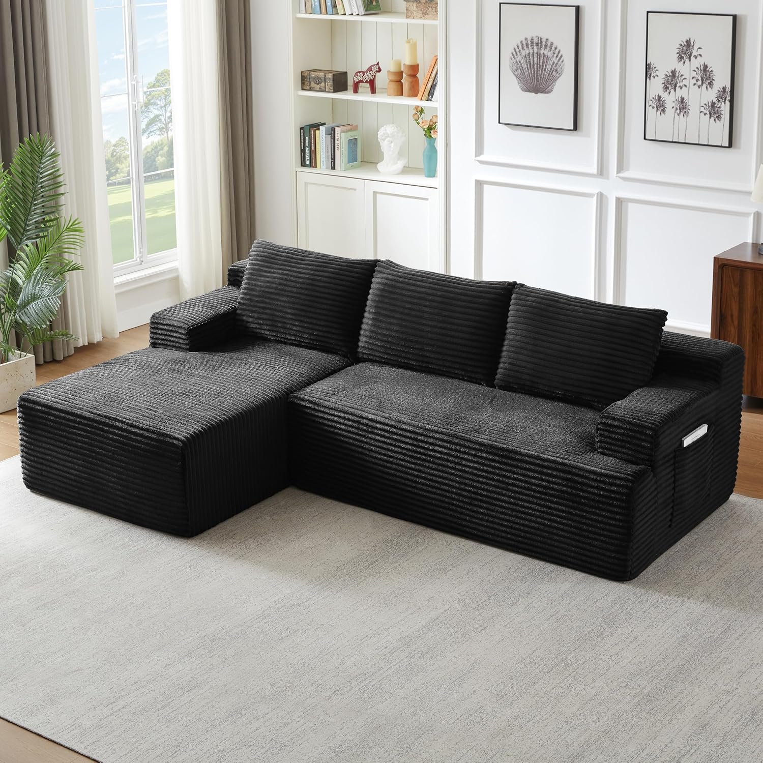 Eafurn 96" L Shaped Cloud Sectional Couch with Chaise, Deep Seat Modular Sectional Sofa Corduroy Memory Foam Sofa Couches for Living Room Bedroom, No Assembly Required, Black