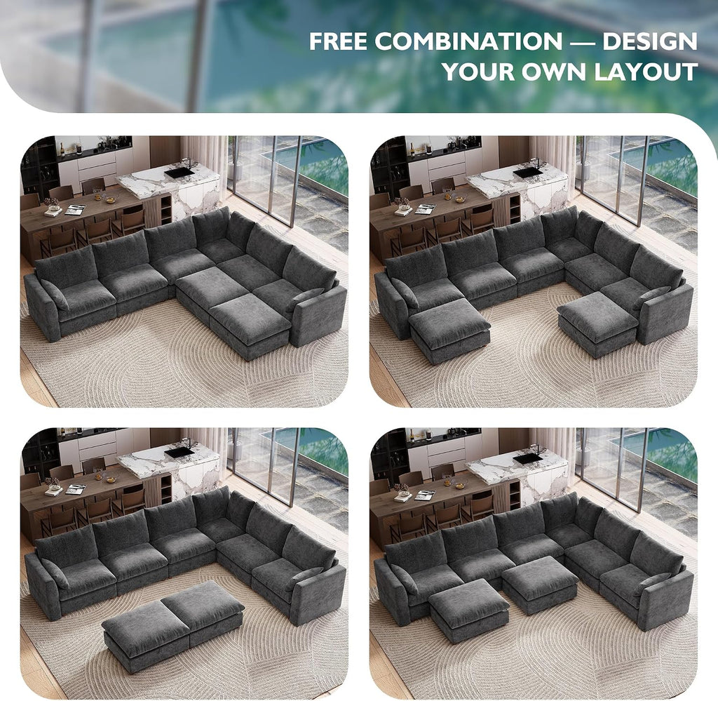 Ihanherry 146" Oversized Modular Sectional Sofa, Modern V Shaped Cloud Couch with 2 Storage Ottoman, 8-Seat Comfy Chenille Deep Seat Sofa with 2 Pillows for Living Room, Grey