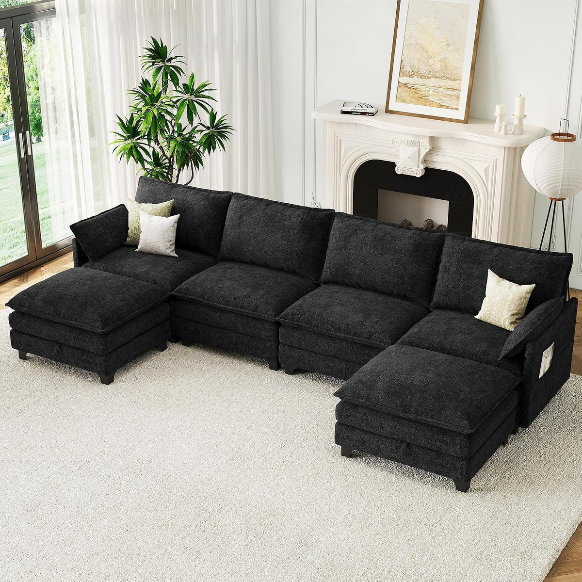 140" U-Shaped Modern Modular Sectional Sofa, Chenille Cloud Couch with Storage Ottoman, Deep Seat Couches with Side Pocket for Living Room, Bedroom and Apartment, Dark Grey