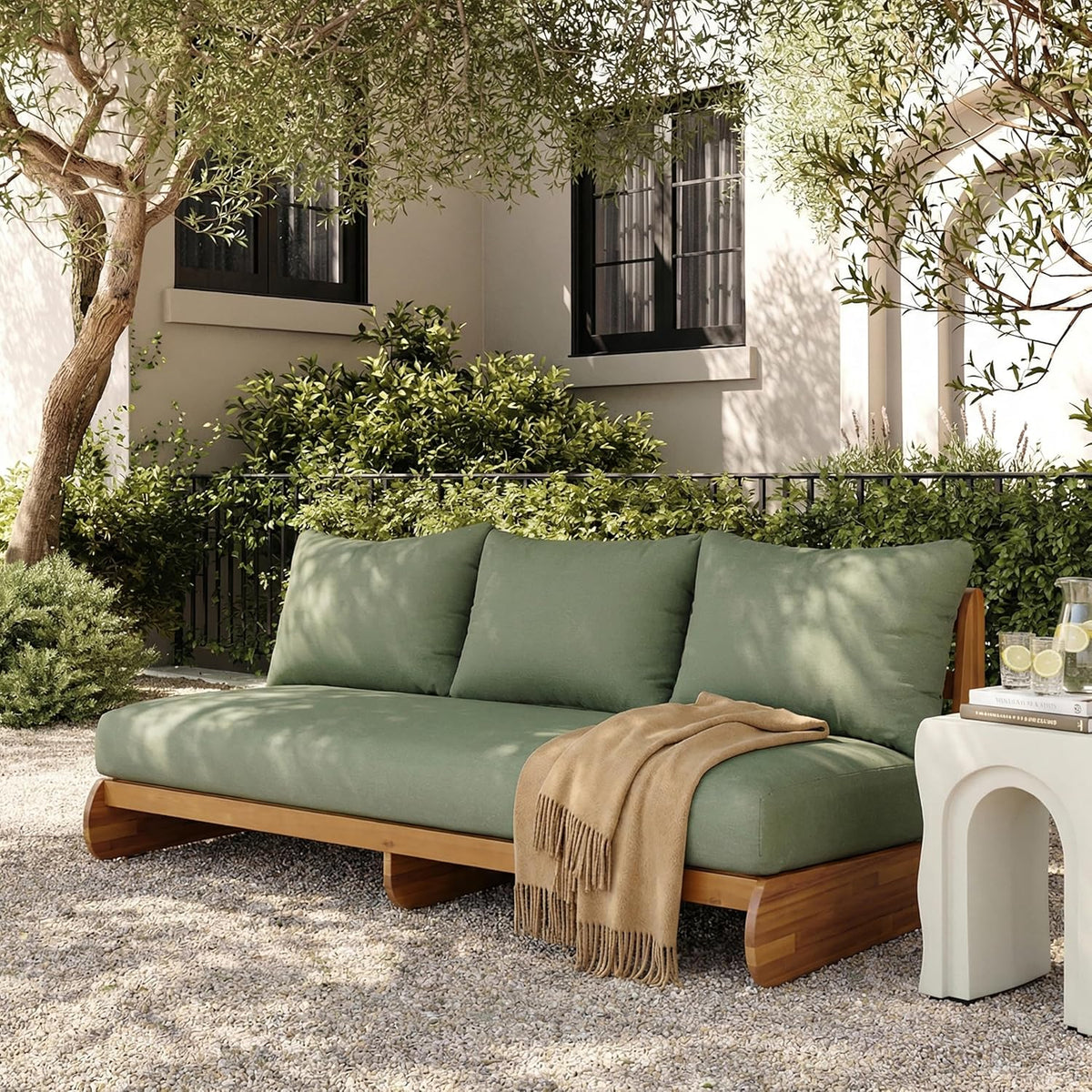 Merax Outdoor Acacia Wood Sofa with All-Weather Cushions, Patio Low 3-Seater Lounge Sofa for Porch, Lawn, Backyard, Balcony, Green+Teak