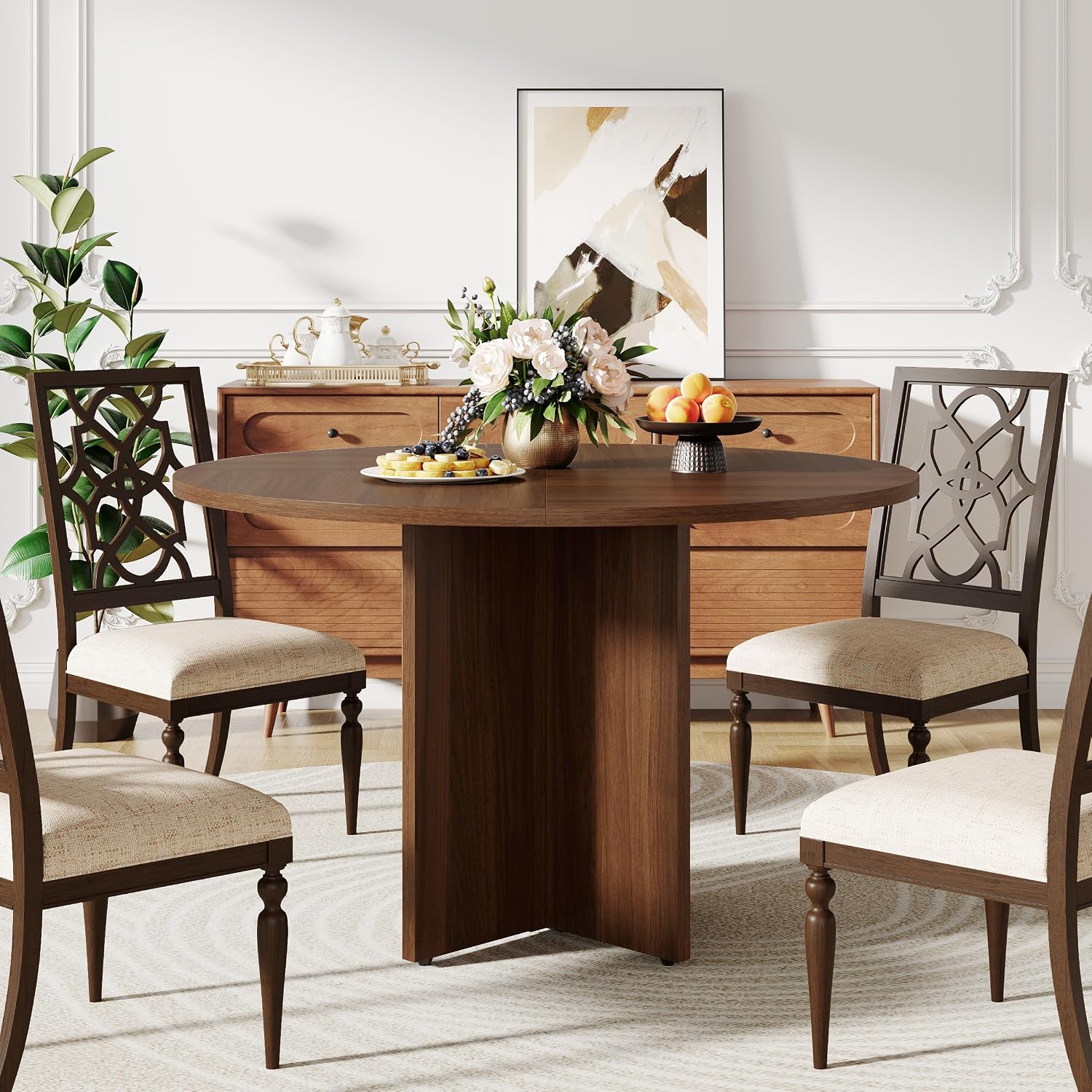 47 Inch Round Dining Table for 4-6 People, Rustic Circle Kitchen Table with X-Shaped Stable Pedestal, Dinner Table for Dining Room Kitchen Living Room, Walnut