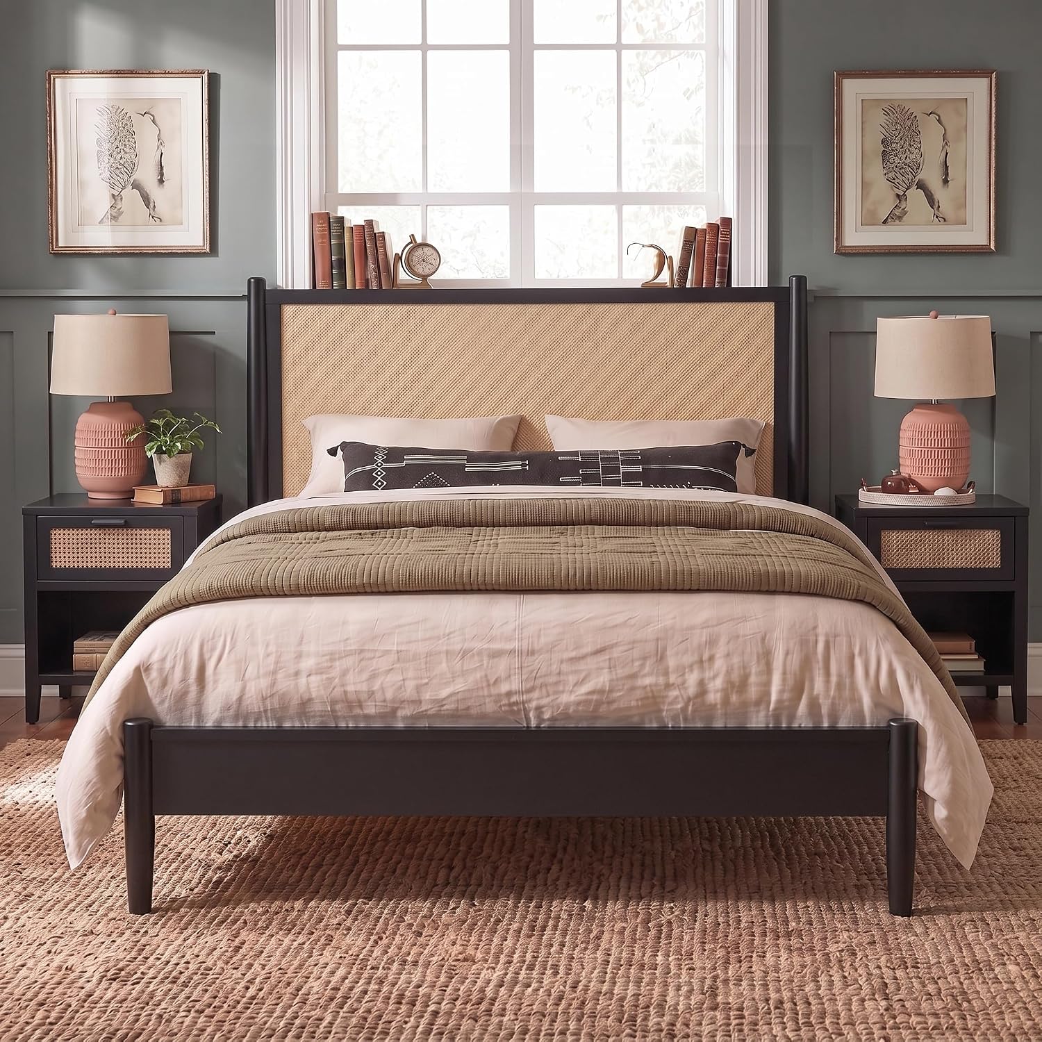 Merax Black Queen Size Platform Bed Frame with Rattan Headboard