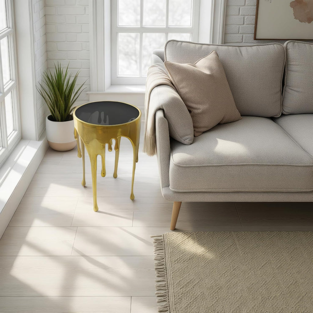 TUP THE URBAN PORT Capri Side End Table, 24.75 Inch Round Glass Top, Antique Gold Finish, Melting Drip Design Base, Modern Glam Accent Table for Living Room, Bedroom and Home Decor Display