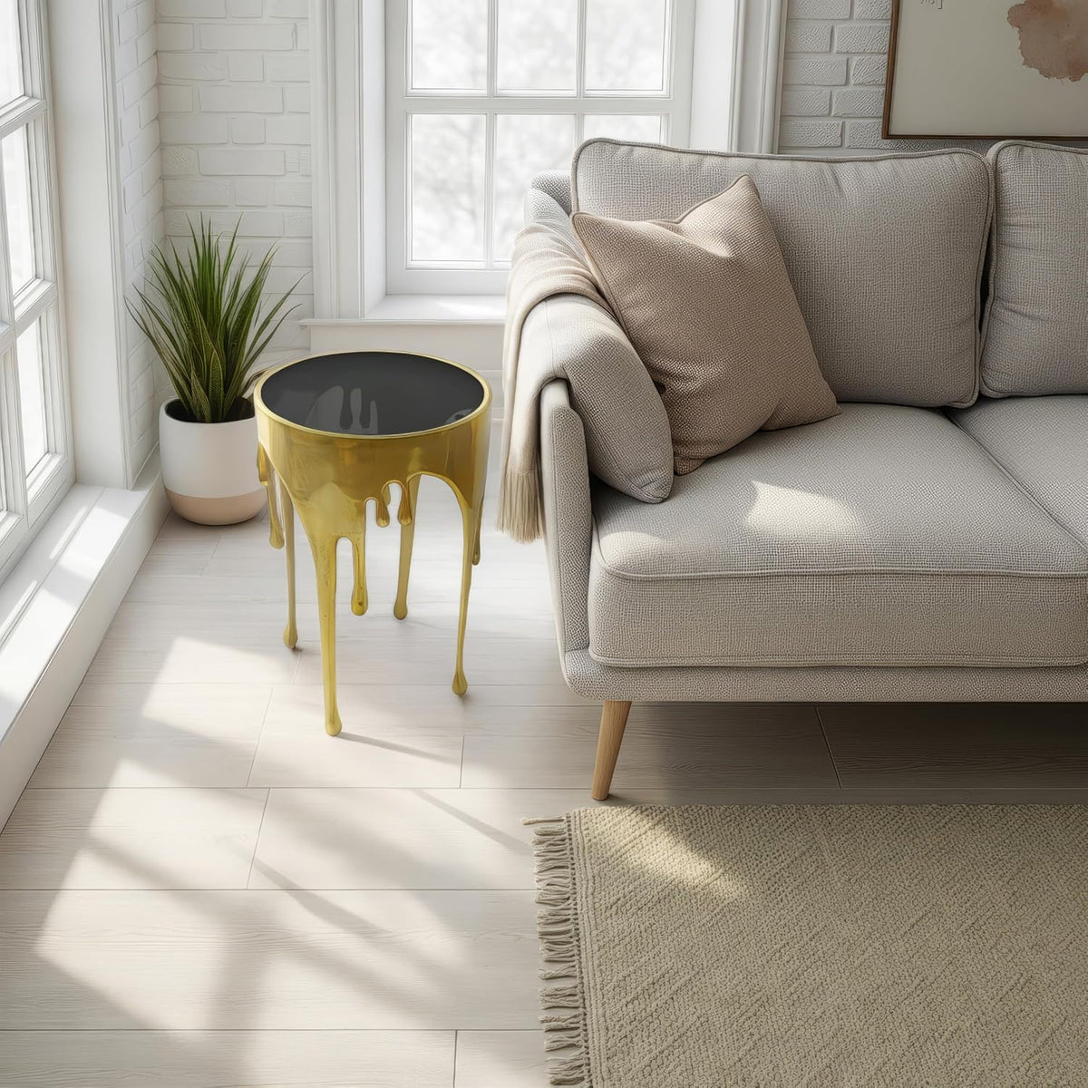 TUP THE URBAN PORT Capri Side End Table, 24.75 Inch Round Glass Top, Antique Gold Finish, Melting Drip Design Base, Modern Glam Accent Table for Living Room, Bedroom and Home Decor Display
