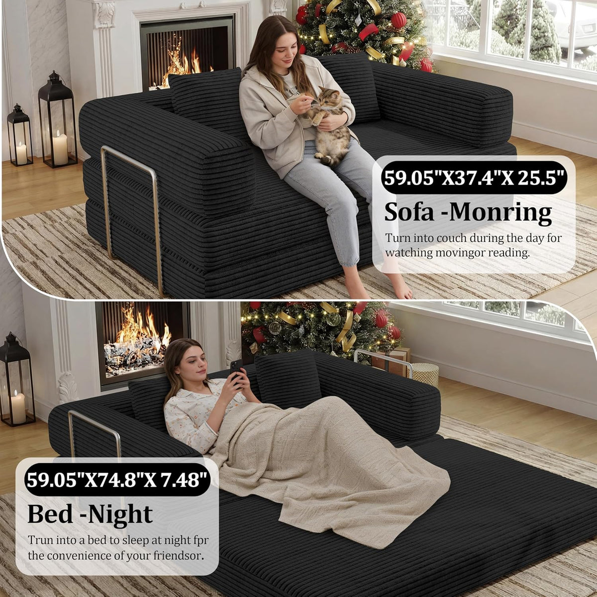 59 Inch Convertible Sofas Bed, 5-in-1 Futon Sofa Pull Out Sleeper Couch, Couches for Living Room, Corduroy Floor Compression Loveseat for Bedroom, Apartment, No Assembly, Black, 2 Seat