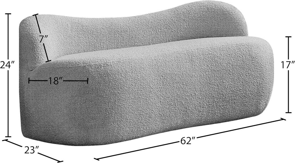 Meridian Furniture 119Grey Flair Collection Modern | Contemporary Boucle Fabric Upholstered Bench with Curved Back Design, Grey, 62" W x 23" D x 24" H