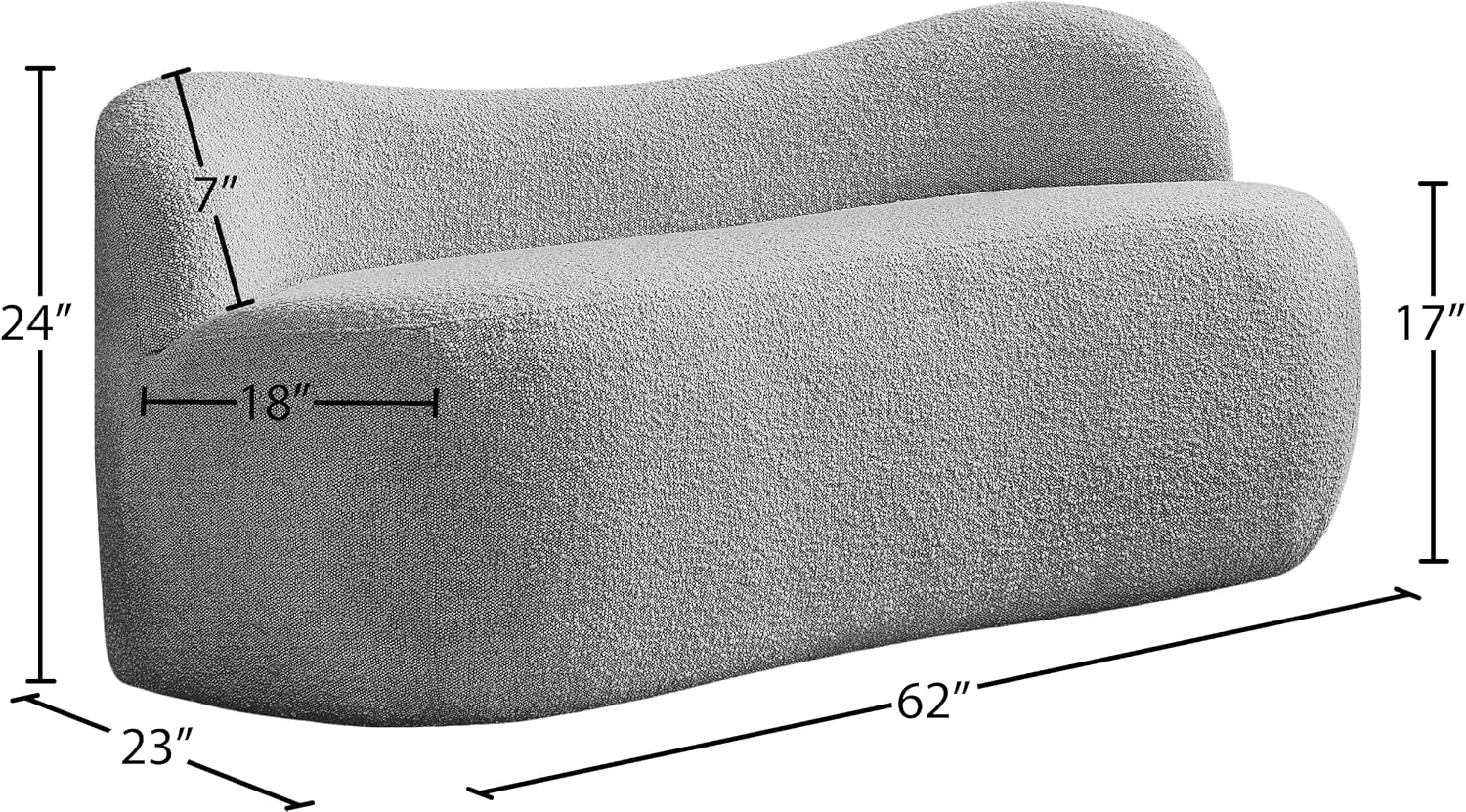 Meridian Furniture 119Grey Flair Collection Modern | Contemporary Boucle Fabric Upholstered Bench with Curved Back Design, Grey, 62" W x 23" D x 24" H