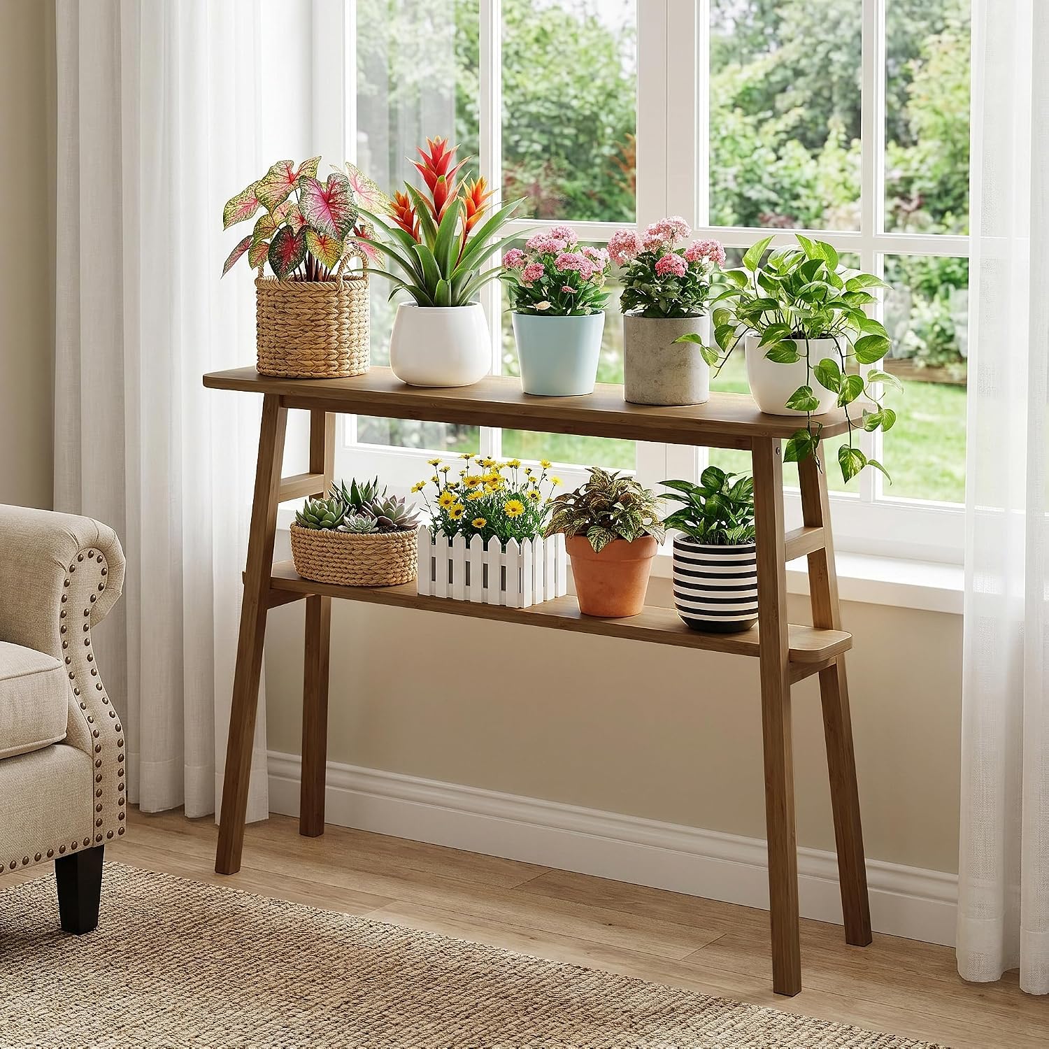 39.4" Solid Bamboo Entryway Console Table, Sofa Table Behind Couch, Narrow Bamboo Wood Entry Hallway Table with Storage Shelves for Living Room, Modern, Easy Assembly, Brown