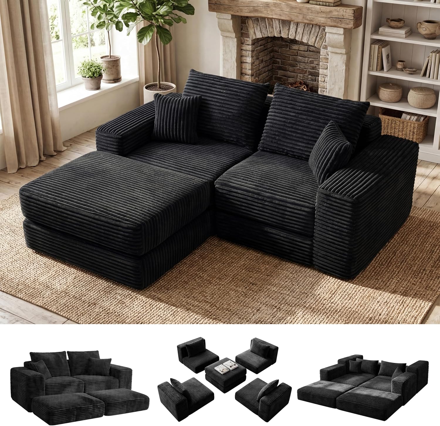 Cloud Modular Sectional Sofa, Comfy Couch with Non Slip Base, Modern L-Shaped Couch with Chaise, Customizable Sleeper Sofa for Living Spaces, No Assembly & Deep Seat (Black)