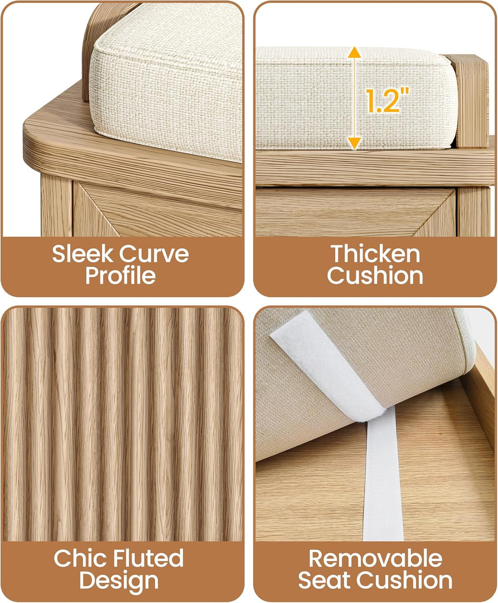 Akxomel Fluted Shoe Storage Bench with Cushion, 47.2" Entryway Bench with Adjustable Shelves and 4 Doors, Shoe Cabinet Bench with Curved Profile, for Hallway, Living Room, Bedroom, Natural Oak