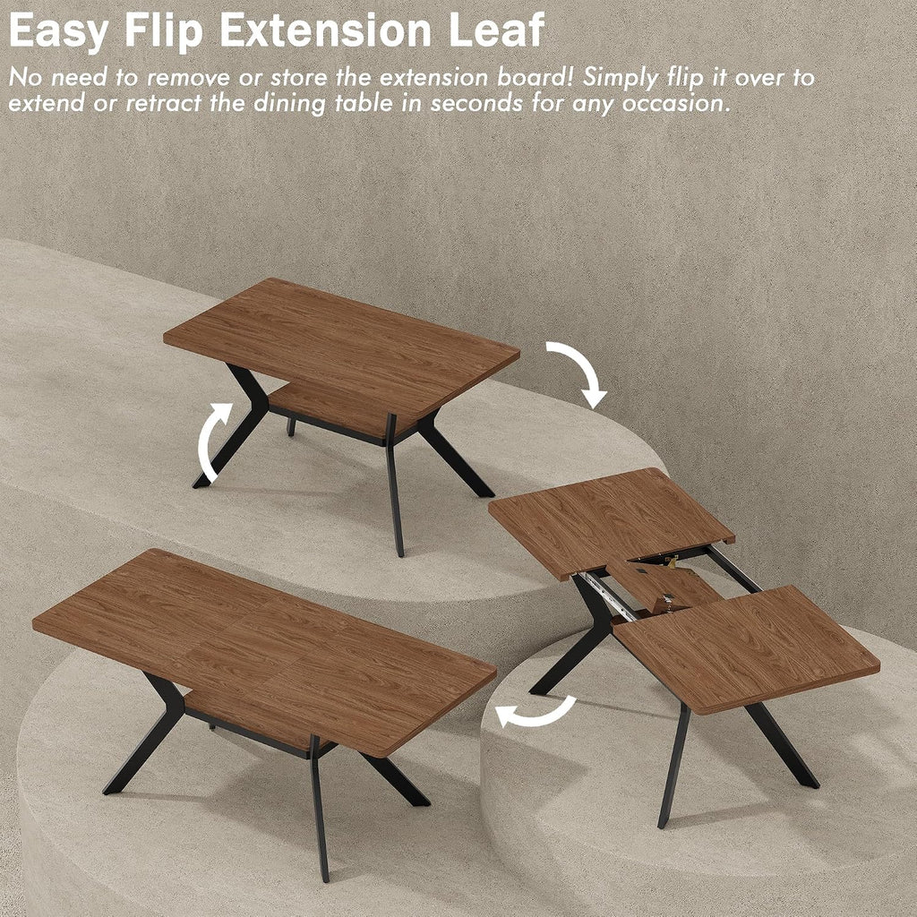 MECHYIN 55"-71" Extendable Dining Table for 4-8 with Built-in Flip Leaf | Kitchen Table, Space Saving Modern Design with Storage Shelf & Sturdy Metal Legs for Kitchen,Living Room & Small Apartments