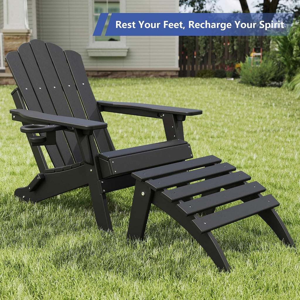 FOOWIN Folding Adirondack Ottoman Set of 4, HDPE All Weather Adirondack Footrests, Ottoman for Adirondack Chair,Patio Footstool for Outside Easy Storage,for Patio, Backyard, Porch, Garden, Black
