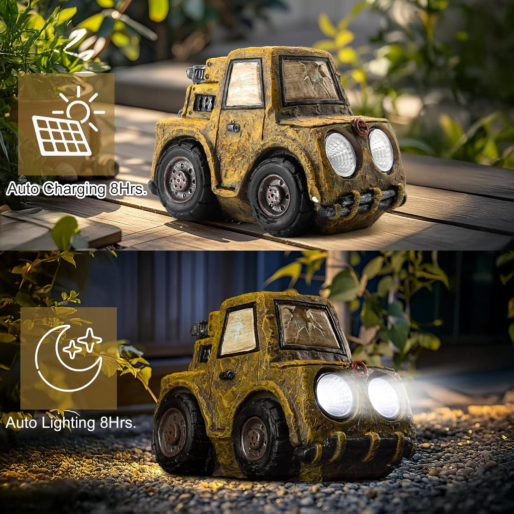 Garden Statue Outdoor Solar Car Decor with LED Light Vintage Resin Sculpture Construction Vehicle Rustic Decoration for Lawn Patio Yard Gifts for Women