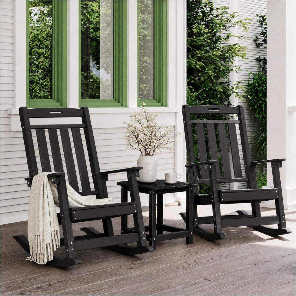 Outdoor Rocking Chair Oversized of 2 & Side Table Set, HDPE All Weather Resistant Patio Rocker, 31.5" High Back 21.5" Deep Seat Porch Chairs Set for Lawn Garden Deck Balcony 400lbs Capacity(Black)