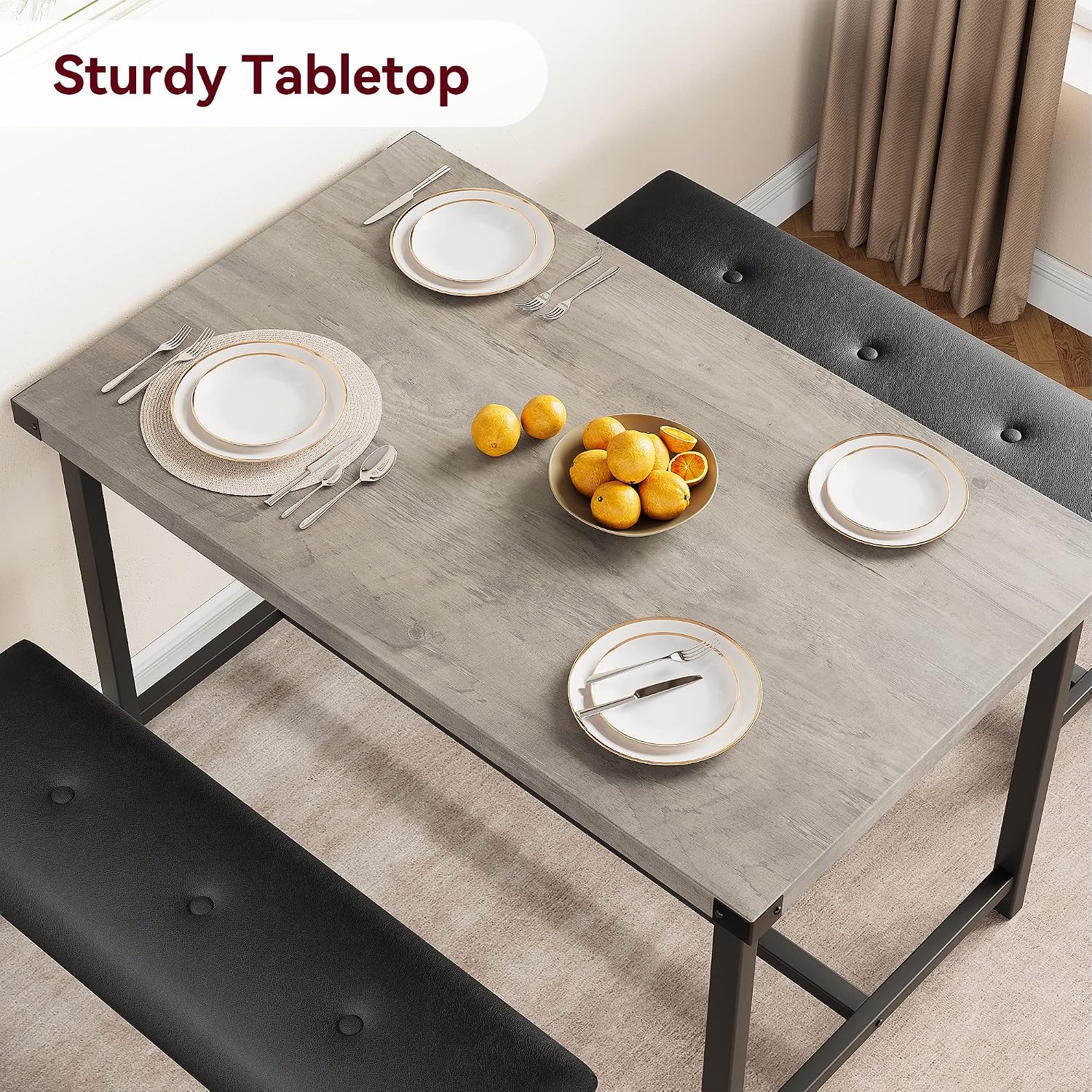 GAOMON Dining Table Set for 4, Kitchen Table with 2 Upholstered Benches, 3 Piece Dining Room Table Set, Rectangular Space Saving Kitchen Table Set for Apartment, Studio, Home, Rustic Gray