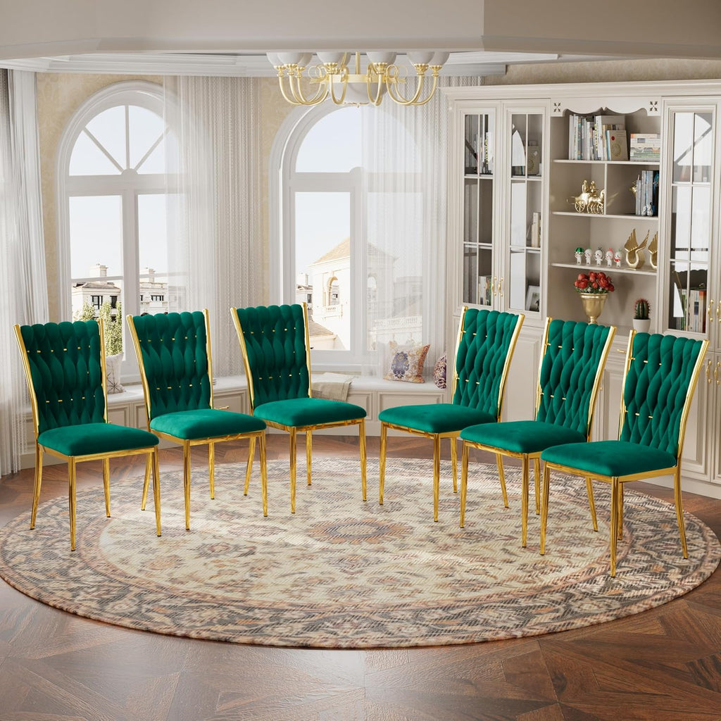 Velvet Dining Chairs Set of 6, Woven Upholstered Dining Chairs with Gold Metal Legs, Modern Accent Chairs for Living Room, Dining Room, Kitchen(Green)