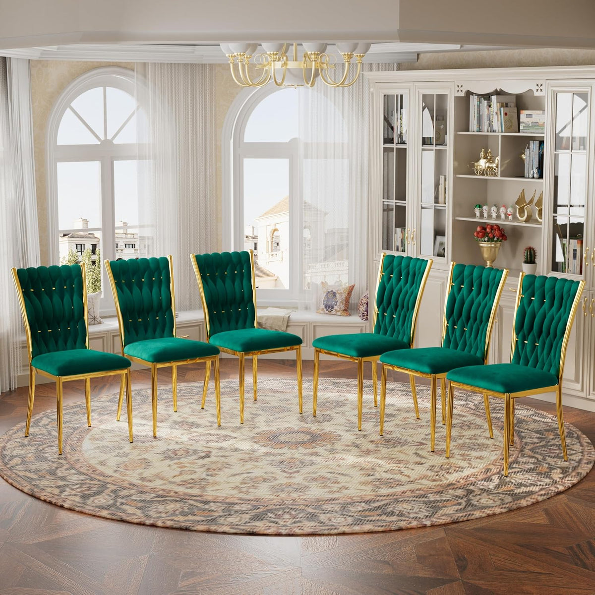 Velvet Dining Chairs Set of 6, Woven Upholstered Dining Chairs with Gold Metal Legs, Modern Accent Chairs for Living Room, Dining Room, Kitchen(Green)
