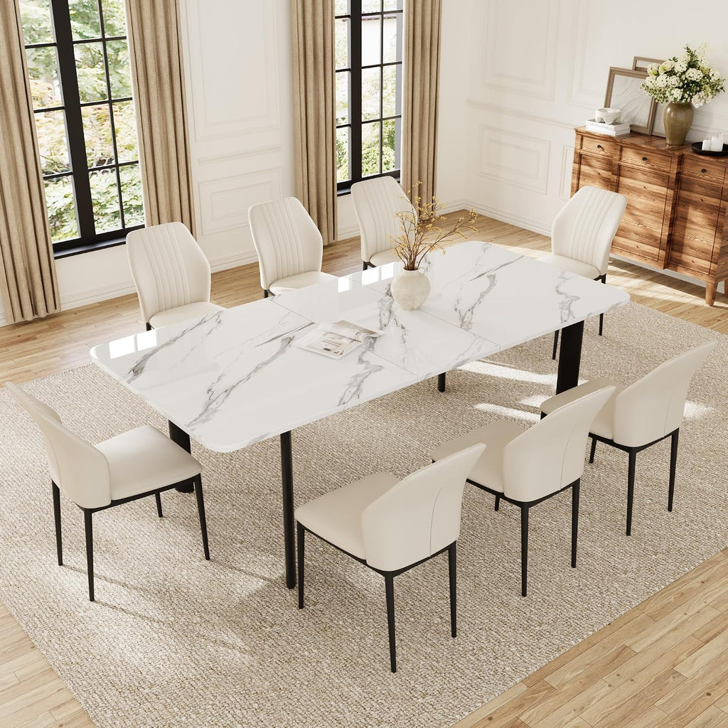 HIPIHOM Extendable Dining Table Set for 6-8 People, 63 to 78.7 Inch MDF Kitchen Table with 8 Faux Leather Dining Chairs, Space-Saving for Dining Room, Breakfast Nook (White Table & 8 White Chairs)