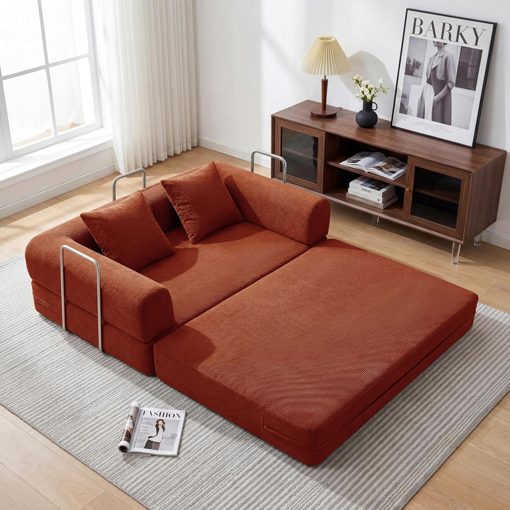 53.15'' Convertible Compressed Corduroy Folding Cloud Sofa Bed, Modern Pull Out Loveseat Sleeper in a Box, 4 in 1 Floor Mattress Futon Cloud Couch, No Assembly Needed, Orange, Pillows, Full