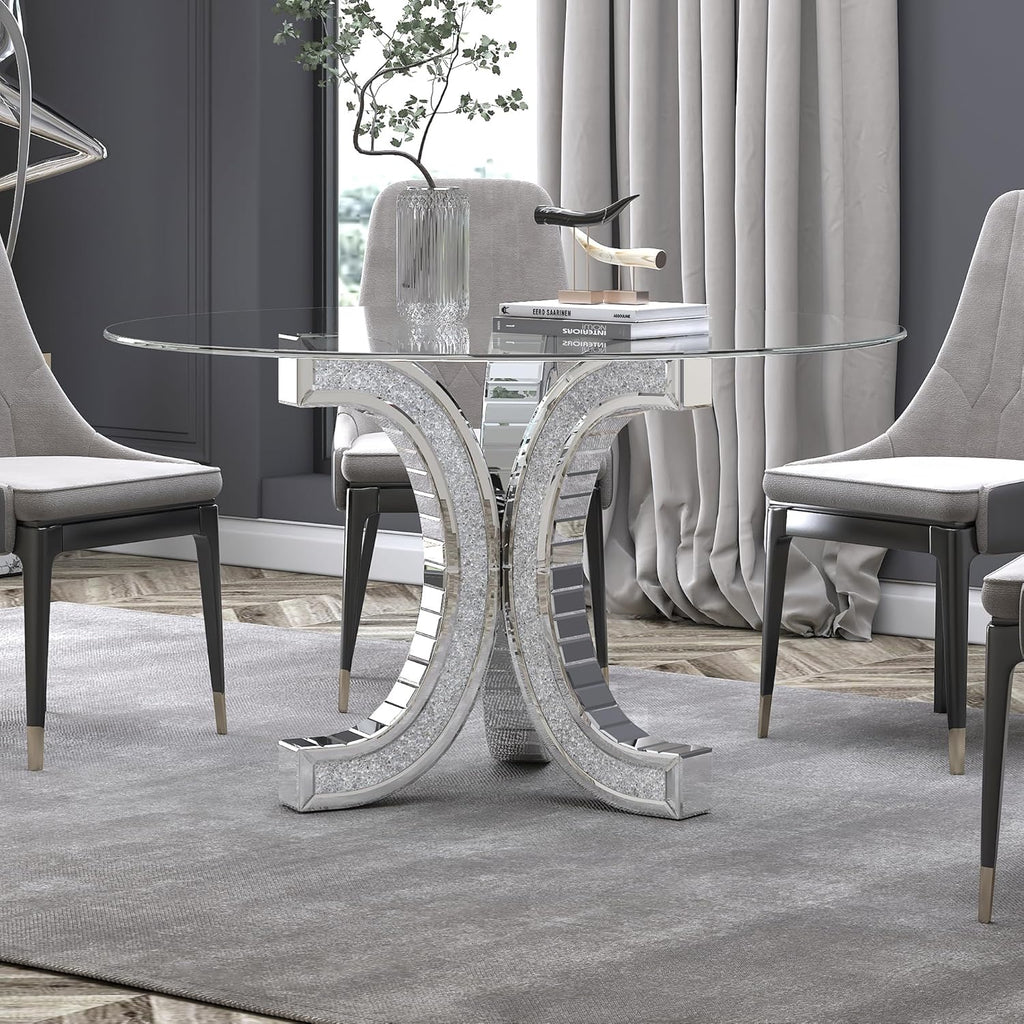 52" Round Glass Pedestal Dining Table with Tempered Glass Top, Mirrored Base with Crushed Diamonds, Modern Centerpiece