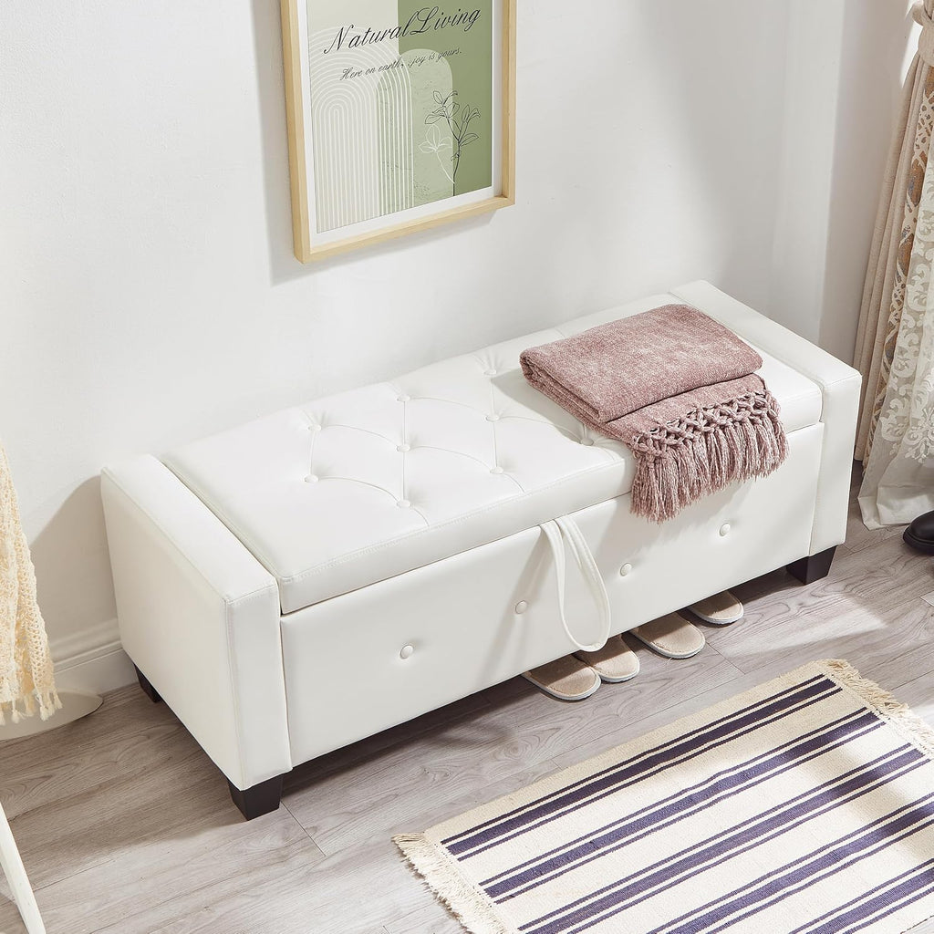 extrasleep 48" White Storage Ottoman Bench, Faux Leather Upholstered Tufted Ottoman, PU Bench for Bedroom Living Room Entryway Hallway, Large Leather End of Bed Benches, Lvory White