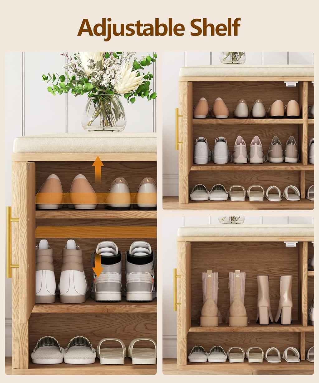 Fluted Shoe Storage Bench, Entryway Bench with Adjustable Shelves | Hidden Shoe Cabinet Storage with Cushion and Open Bottom Shelf, for Entryway, Hallway, Living Room, Bedroom, Natural Oak