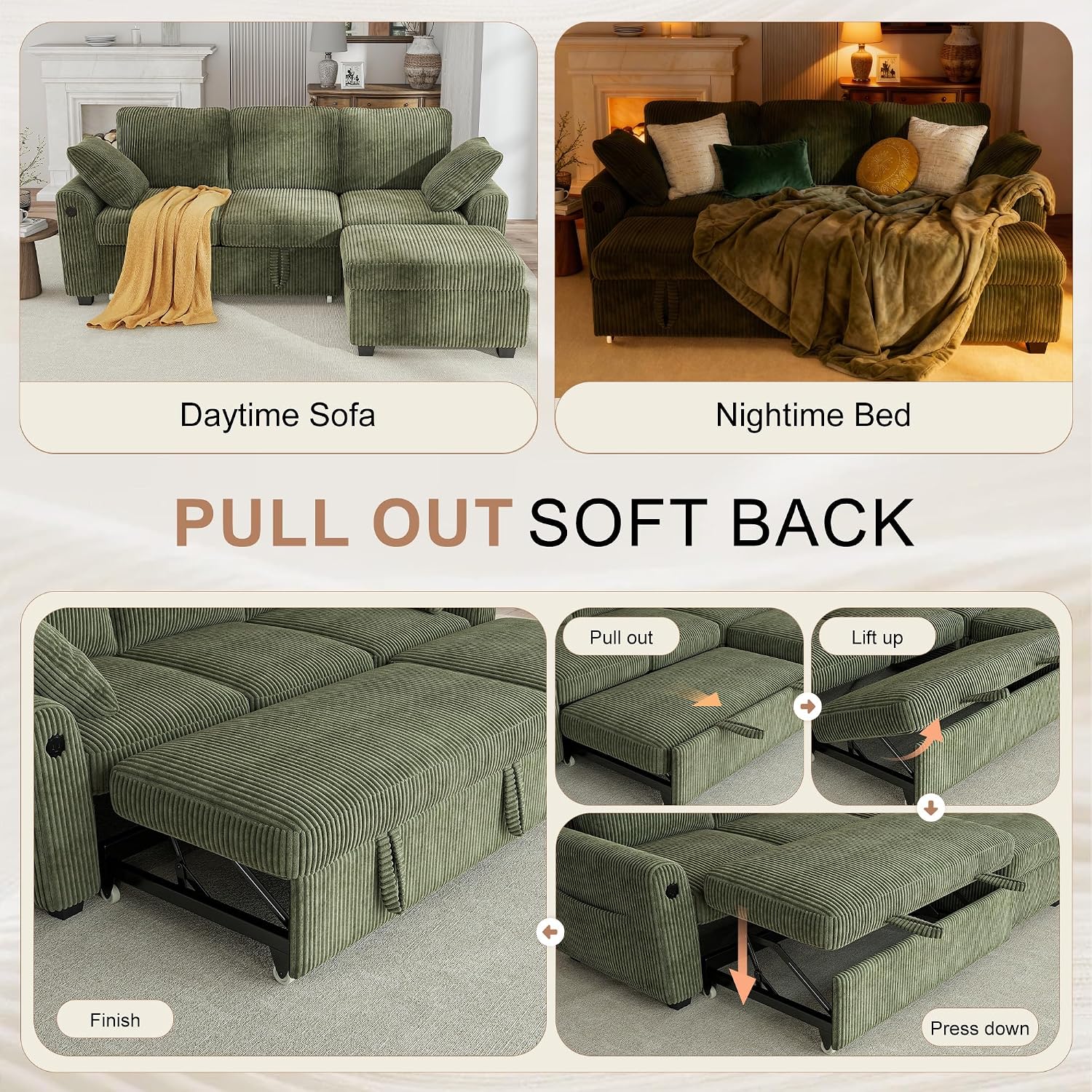 Hanherry 81" Sectional Couch with Pull Out Bed,3 Seat Corduroy Sleeper Sofa with Storage Ottoman & USB Charging,Comfy L Shaped Modular Couches for Living Room,Apartment
