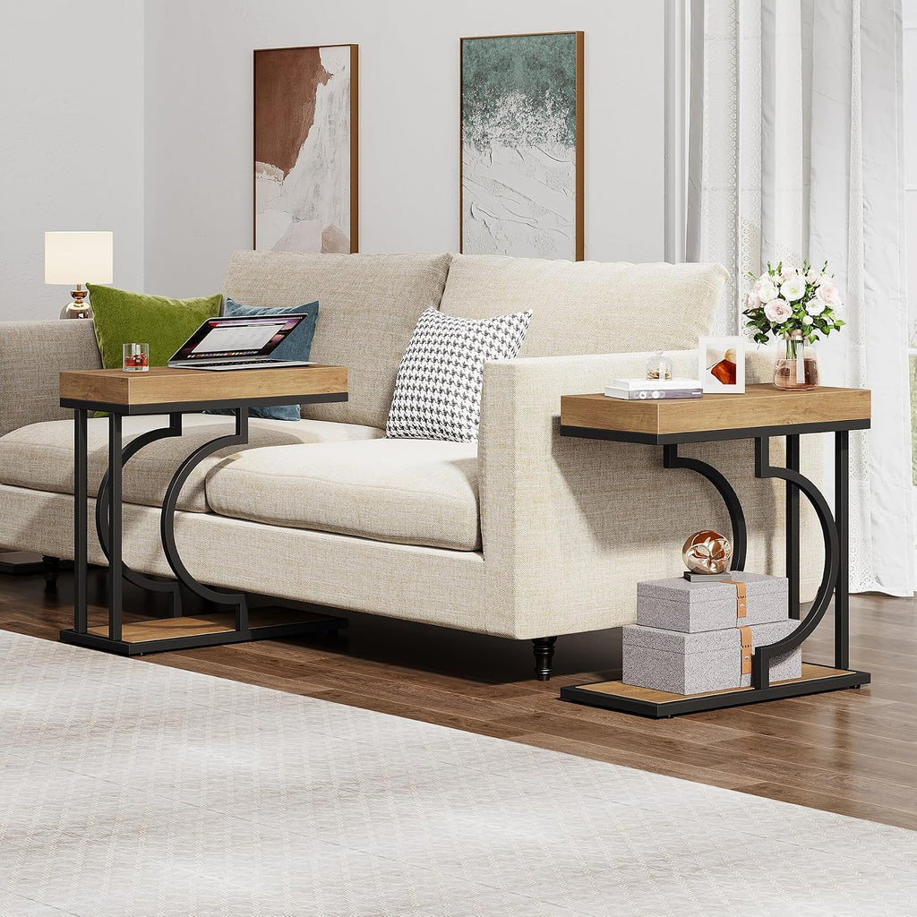 Tribesigns Narrow Side Table C Shaped End Table Modern Bedside Tables for Couch, Small Sofa Chairside Tables with Metal Frame for Living Room (2, Natural+Black)