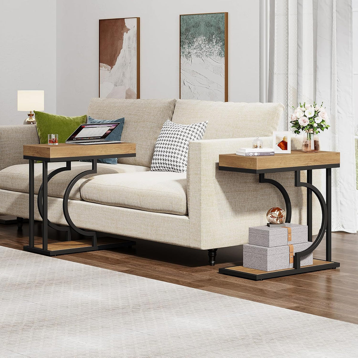Tribesigns Narrow Side Table C Shaped End Table Modern Bedside Tables for Couch, Small Sofa Chairside Tables with Metal Frame for Living Room (2, Natural+Black)