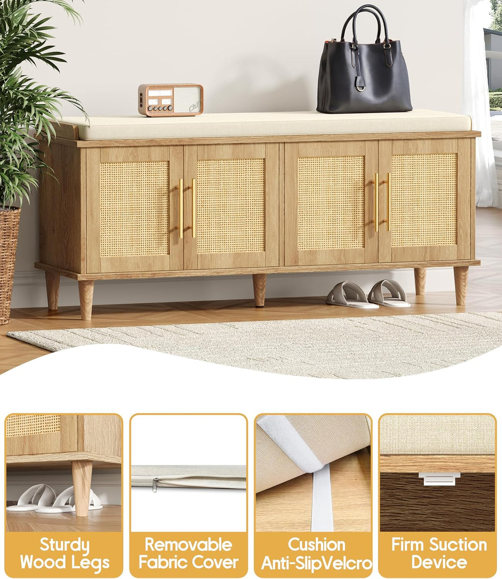 Akxomel 47.2" Rattan Shoe Storage Bench 4 Doors Wooden Entryway Bench Oak | 2 Tier Shoe Bench with Padded Cushion, Adjustable Shelves and 4 Doors, Solid Wood Legs, for Hallway, Living Room, Bedroom