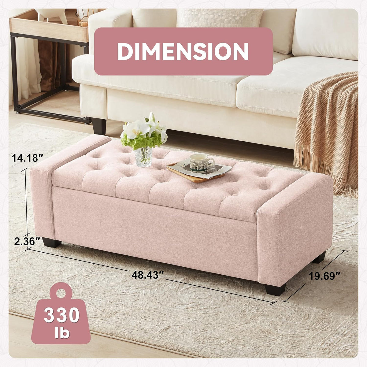 Mangodan 48" Ottoman with Storage, Soft Storage Ottoman Bench for Bedroom, Tufted Upholstered Window Benches, End of Bed Bench for Living Room, Entryway Bench with Seating, Foot Rest, Pink