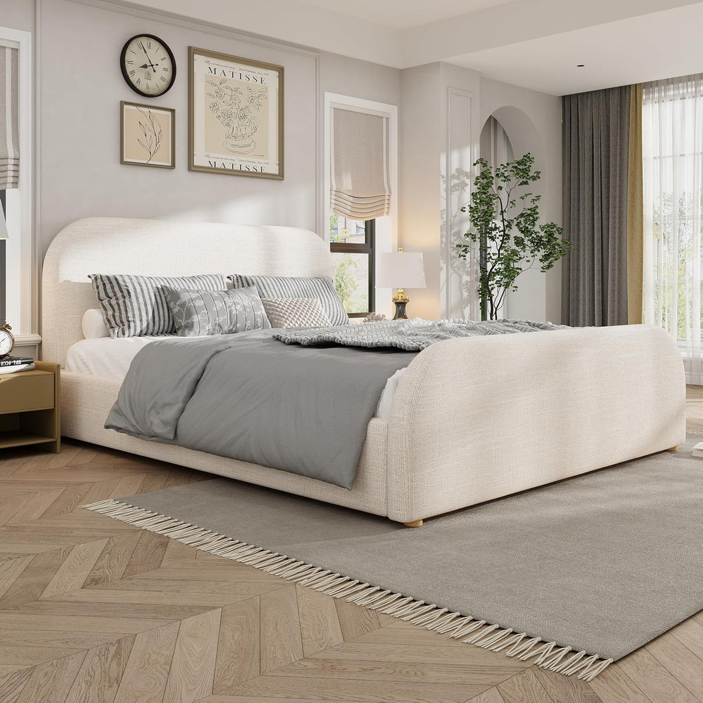 Merax King Size Bed Frame, Upholstered Linen Platform Bed with 44 Inch Tall Headboard & Footboard, Solid Wood Base, Soft Curved Edges Design King Bedframe, No Box Spring Needed, Easy Assembly, Beige