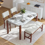 Merax 4 Piece Dining Table Set, Faux Marble Table and 2 Upholstered Chairs 1 Bench, 4 Person Dinette Set for Kitchen, Dining Room, Space-Saving, Beige