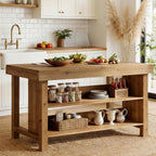 55" Solid Wood Kitchen Island with Storage, Farmhouse Kitchen Island Table with 3-Tier Open Shelves and Large Countertop for Kitchen, Dining & Living Room, Oak