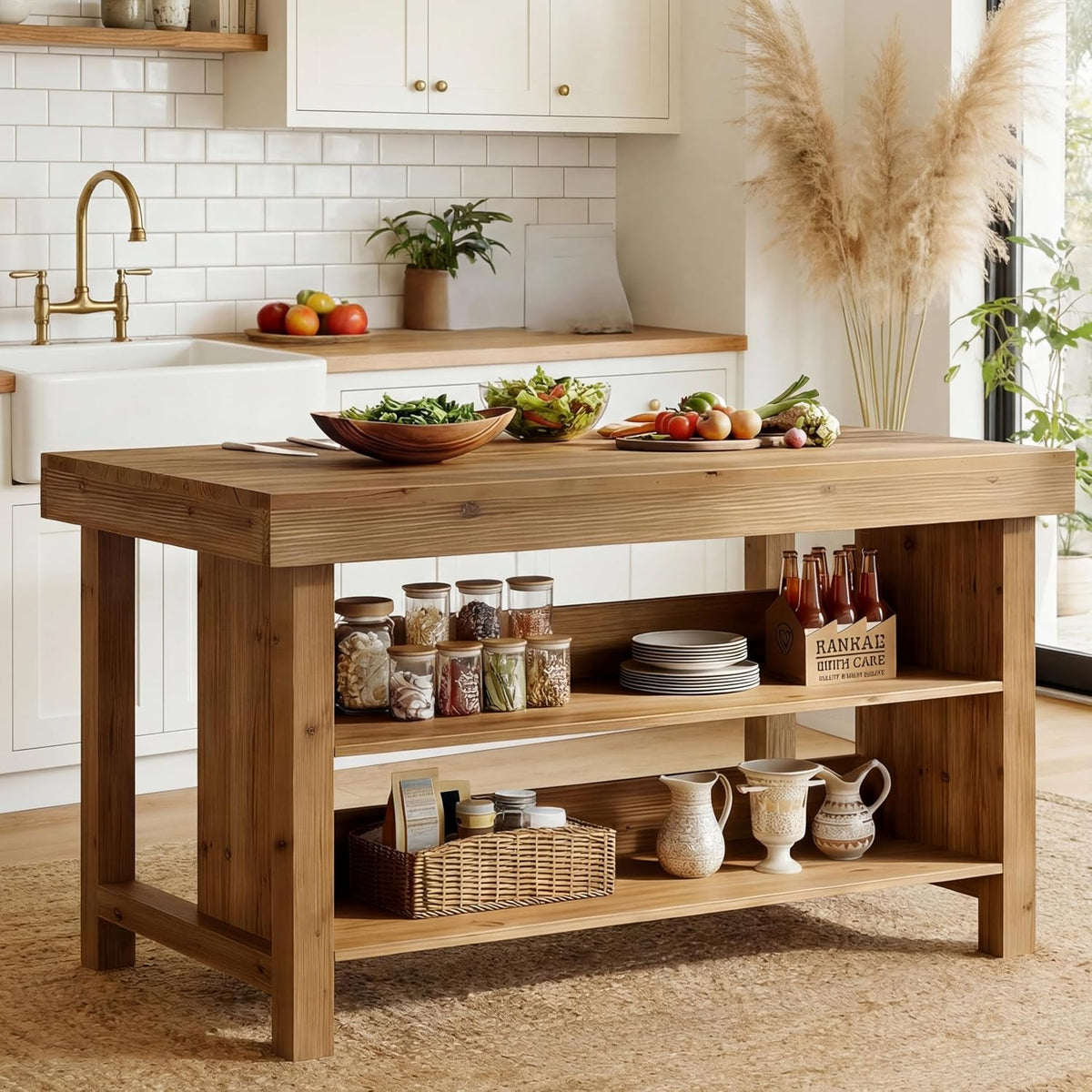 55" Solid Wood Kitchen Island with Storage, Farmhouse Kitchen Island Table with 3-Tier Open Shelves and Large Countertop for Kitchen, Dining & Living Room, Oak