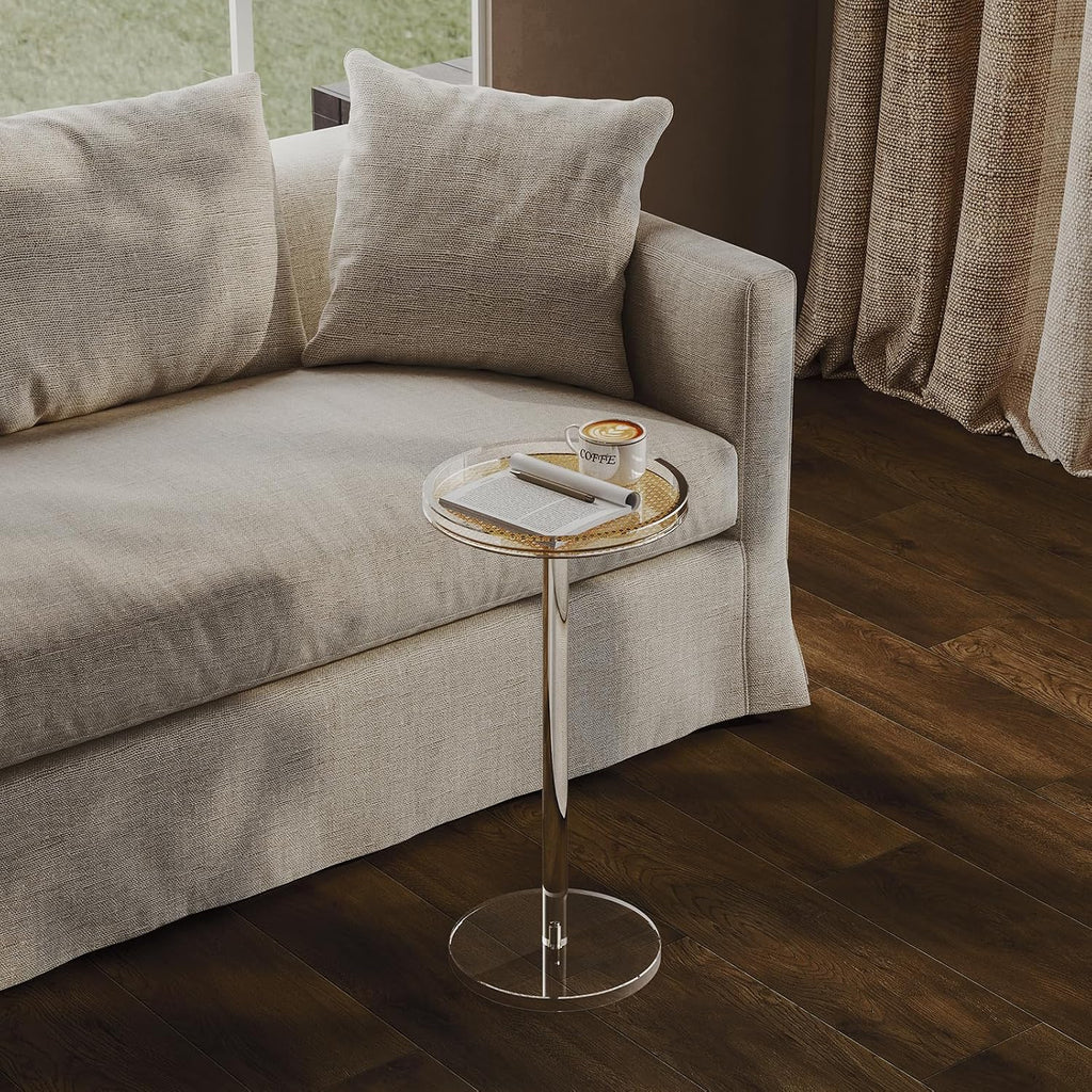 HMYHUM Acrylic Rattan Drink Table for Small Spaces, 11.8'' L x 11.8'' L x 24'' H, Round Coffee Martini Drink Side Table with Pedestal for Living Room, Corners, Sofa, Clear, Easy Assembly