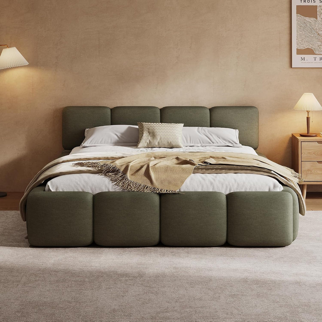 Merax Queen Linen Blend Platform Bed, Thick Headboard and Footboard, Green