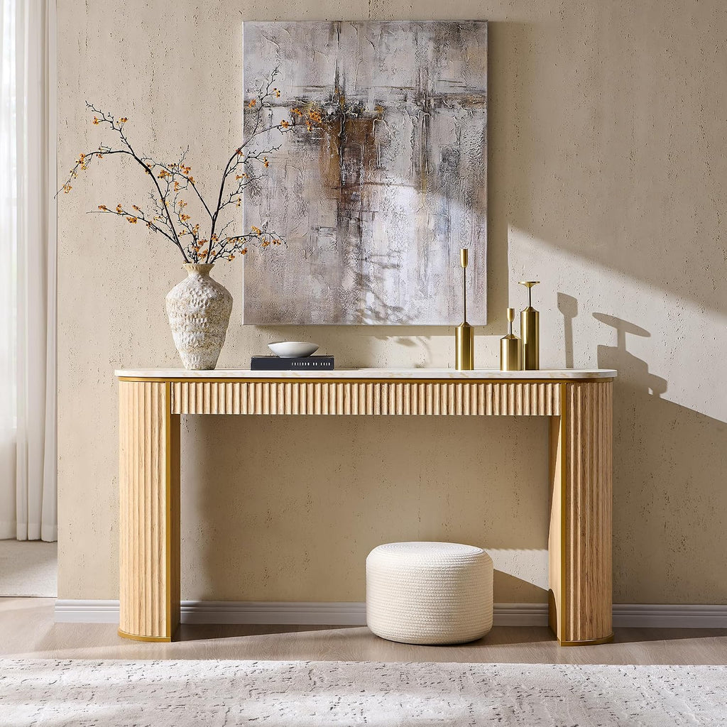 OKD 63-Inch Fluted Console Table, Narrow Entryway Table, Natural Oak