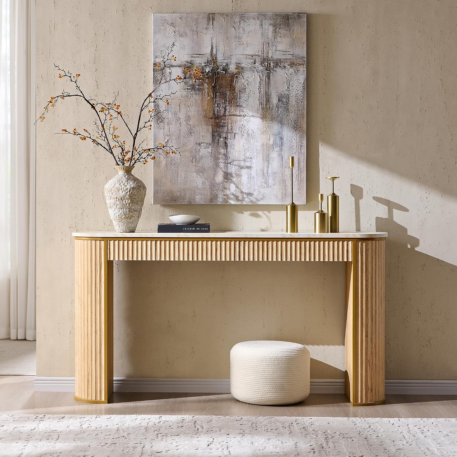OKD 63-Inch Fluted Console Table, Narrow Entryway Table, Natural Oak