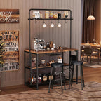 Industrial Kitchen Island Dining Table with Power Outlet, Retro | Microwave Stand with Storage Shelves, 2 Bar Stools and 5 Hooks, Coffee Bar for Dining Room, Living Room