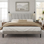 HAOARA King Size Bed Frame with Fabric Upholstered Headboard, Platform Bed with Wooden Slats Support, Fully Mattress Foundation, Box Spring Optional, Easy Assembly, Light Grey