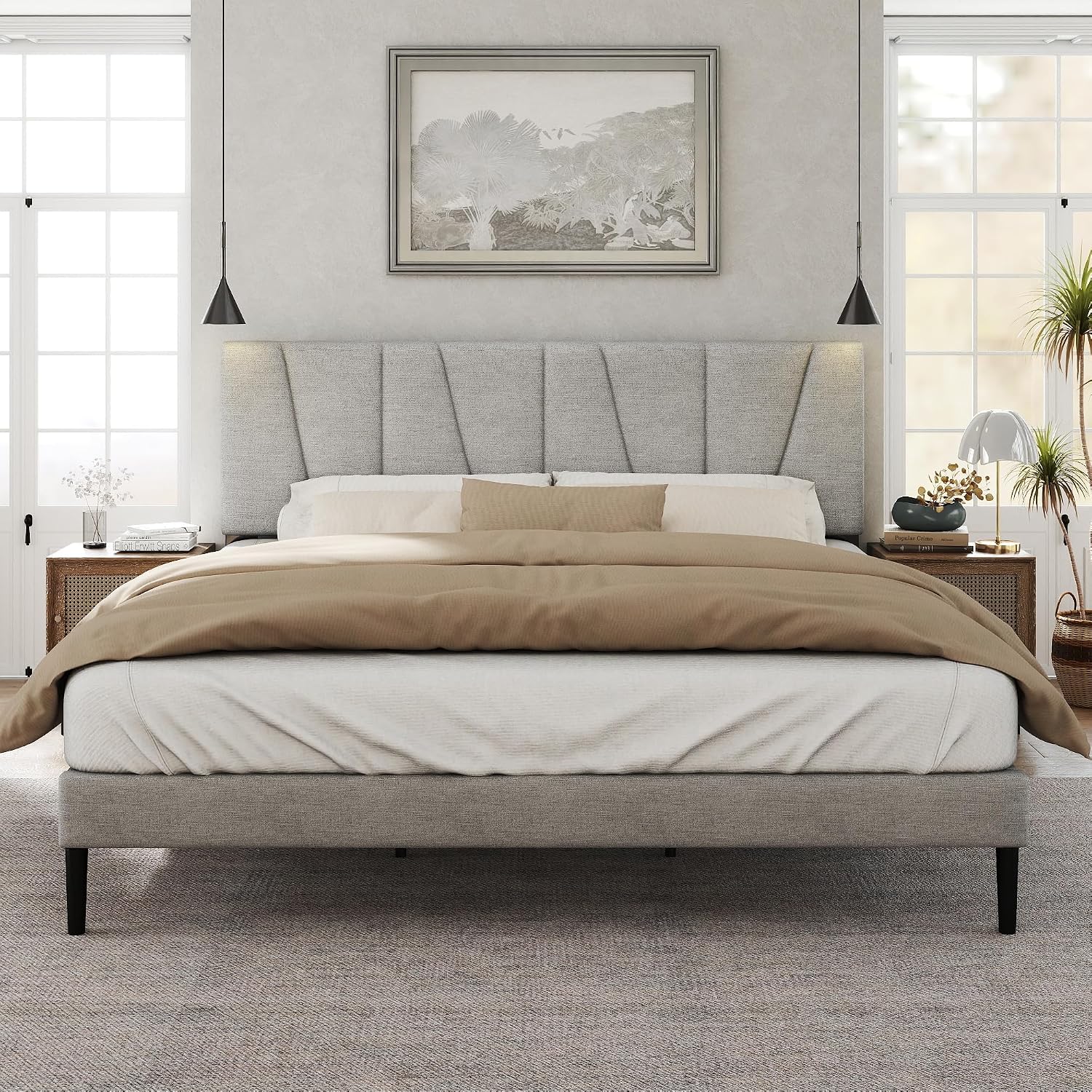 HAOARA King Size Bed Frame with Fabric Upholstered Headboard, Platform Bed with Wooden Slats Support, Fully Mattress Foundation, Box Spring Optional, Easy Assembly, Light Grey