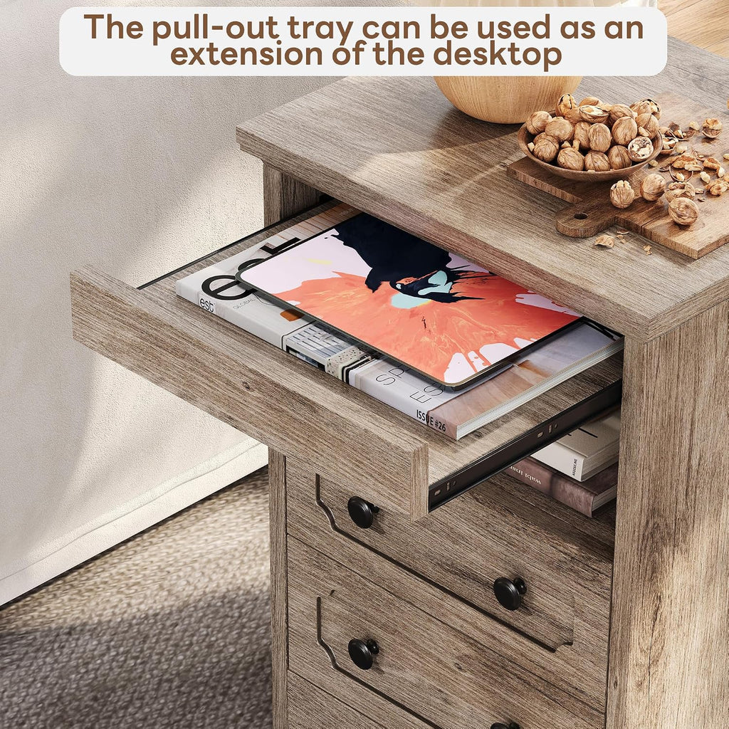 LIKIMIO Nightstand Set of 2, Night Stand with Pull Out Tray, Wooden Bedside Table with 2 Drawers and Open Shelf, Side Table for Bedroom, Grey