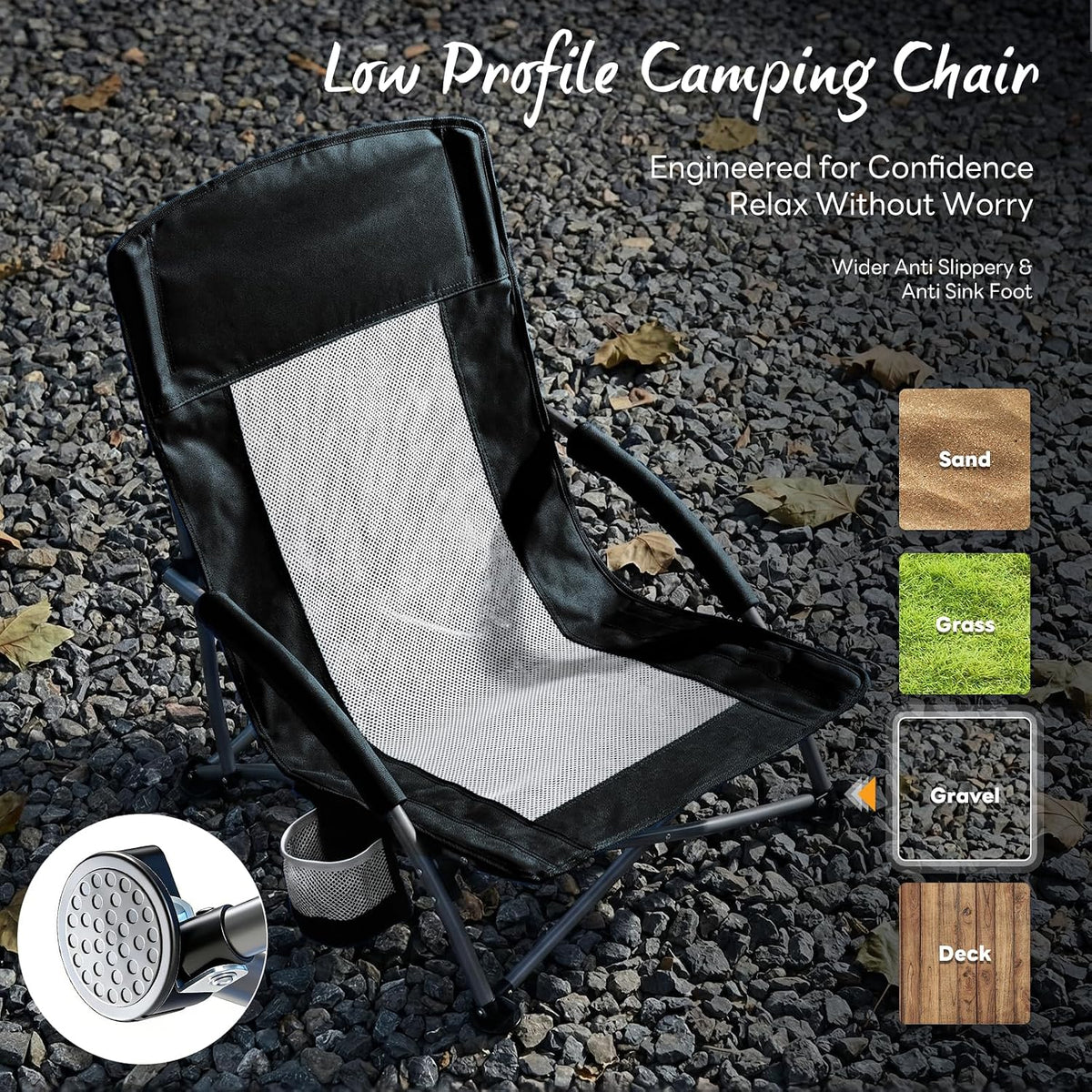 NEWBULIG Folding Camping Beach Chair for Adults, Low Profile Lawn Chair with Cup Holders & Carry Bag, Extra Wide Seat and High Back, Portable for Beach, Outdoors, Travel & Concerts, Black