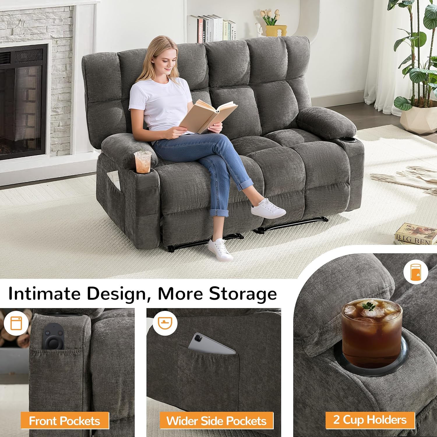 Oversized Loveseat Recliner Sofa, Double Recliner, Big Large Reclining Sofa with Cup Holders & Side Pockets, Traditional 2-Seater Manual Recliner Couch for Living Room, RV, Home Theater (Fabric,Grey)