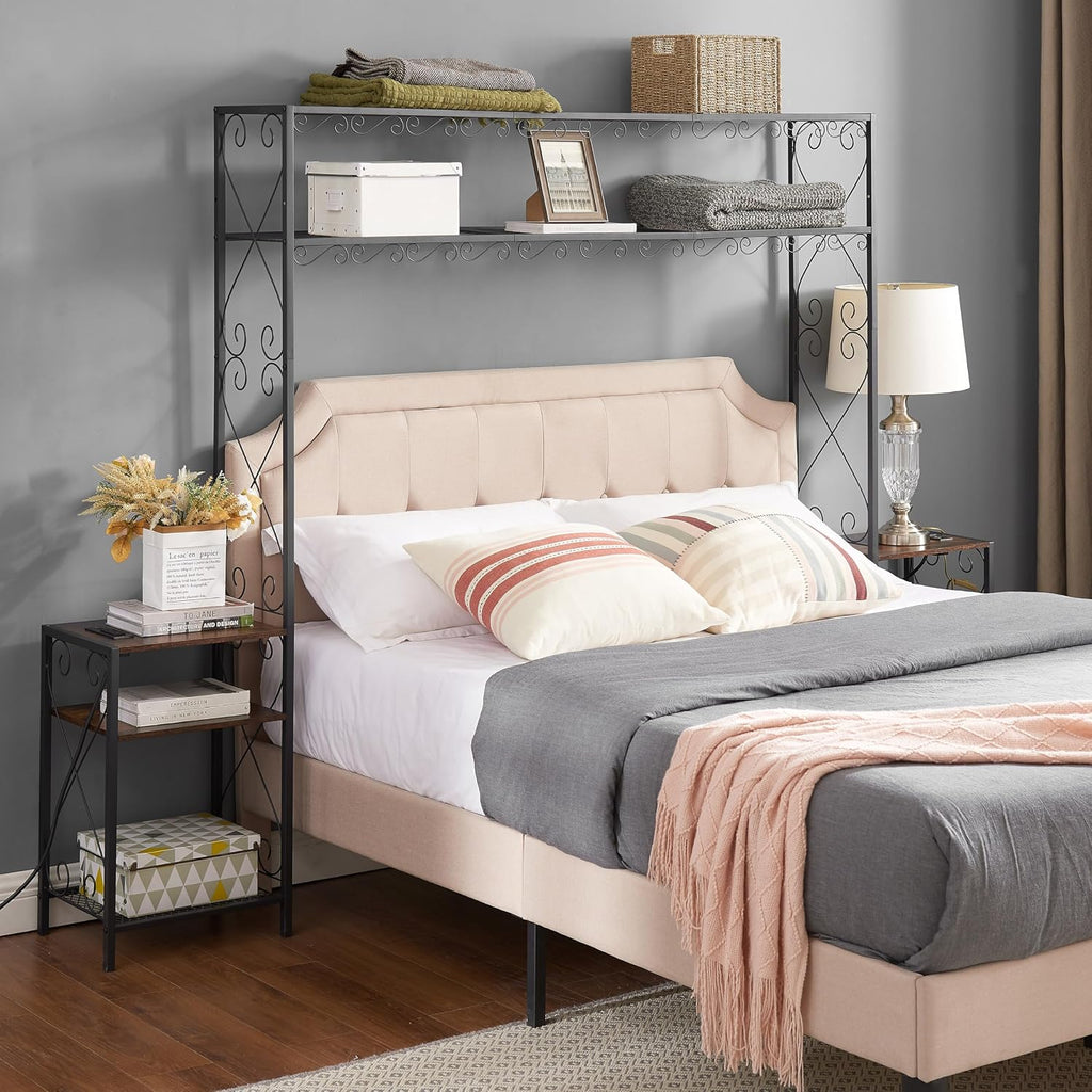 Queen Bed e with 2 Nightstands Headboards with Storage Cabinet, Headboard with Shelves, Bookcase Headboard Queen Easy Assembly for Bedroom Iron and Wood Rustic Brown