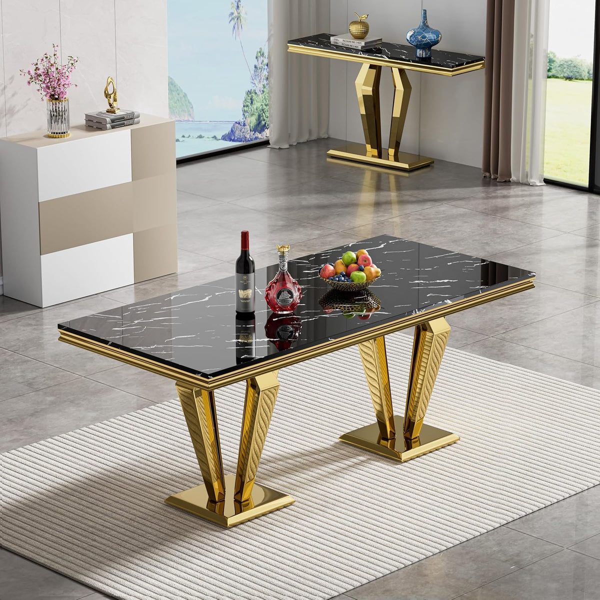 Luxury Marble Dining Table for 4 to 6, 68 inch Black Faux Marble Dining Table with Gold Stainless Steel Diamond Shaped Base, Modern Rectangle Kitchen Dining Room Table for Family Dinner Party