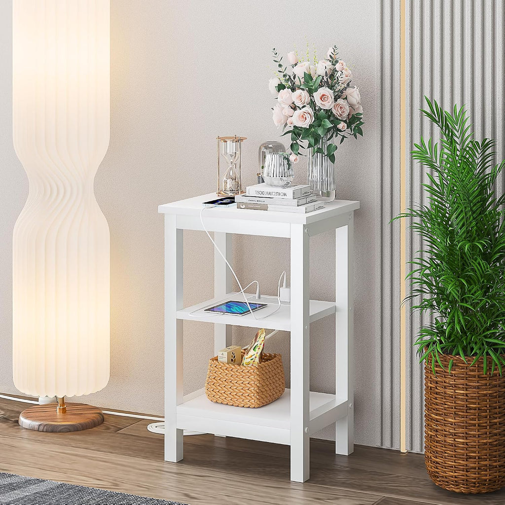 VECELO Modern Nightstands with Charging Station,Side End Table Night Stand with Storage Shelf for Small Spaces, Bedroom,Living Room