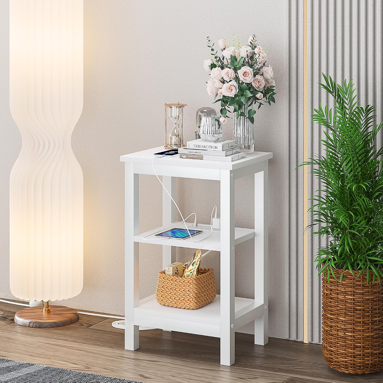 VECELO Modern Nightstands with Charging Station,Side End Table Night Stand with Storage Shelf for Small Spaces, Bedroom,Living Room